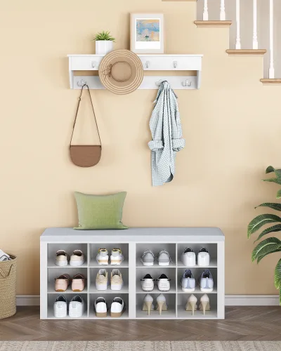 Banc d'entrée avec porte-manteau mural, blanc et gris