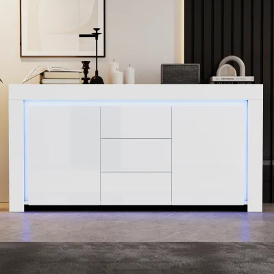 Buffet blanc brillant 3 tiroirs, 2 portes et LED