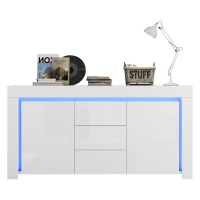 Buffet blanc brillant 3 tiroirs, 2 portes et LED – image 3