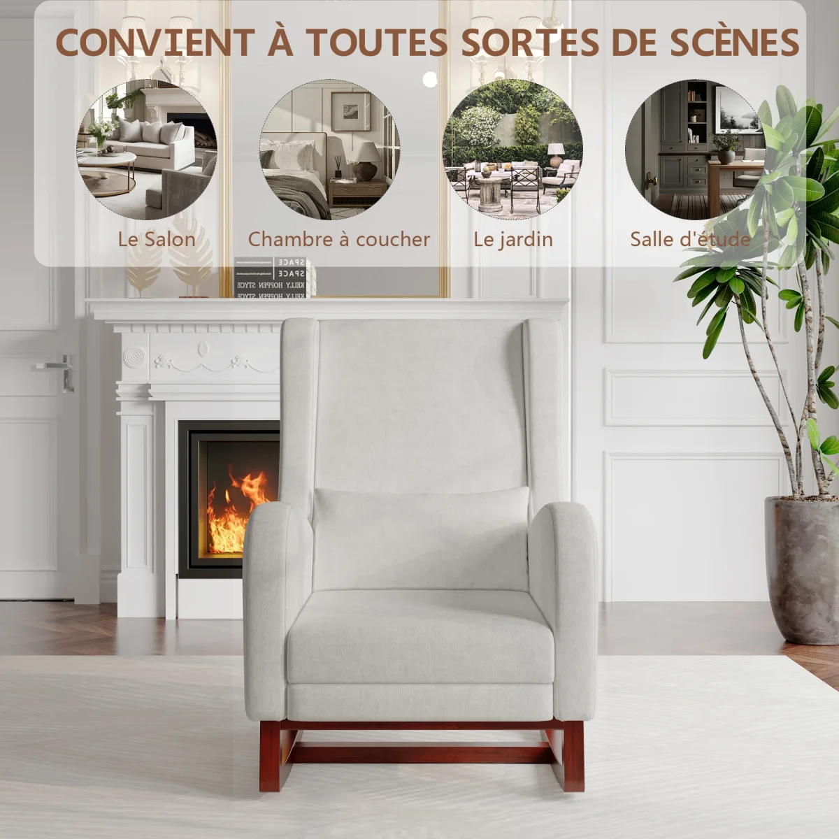 Chaise à bascule en velours gris avec repose-pieds