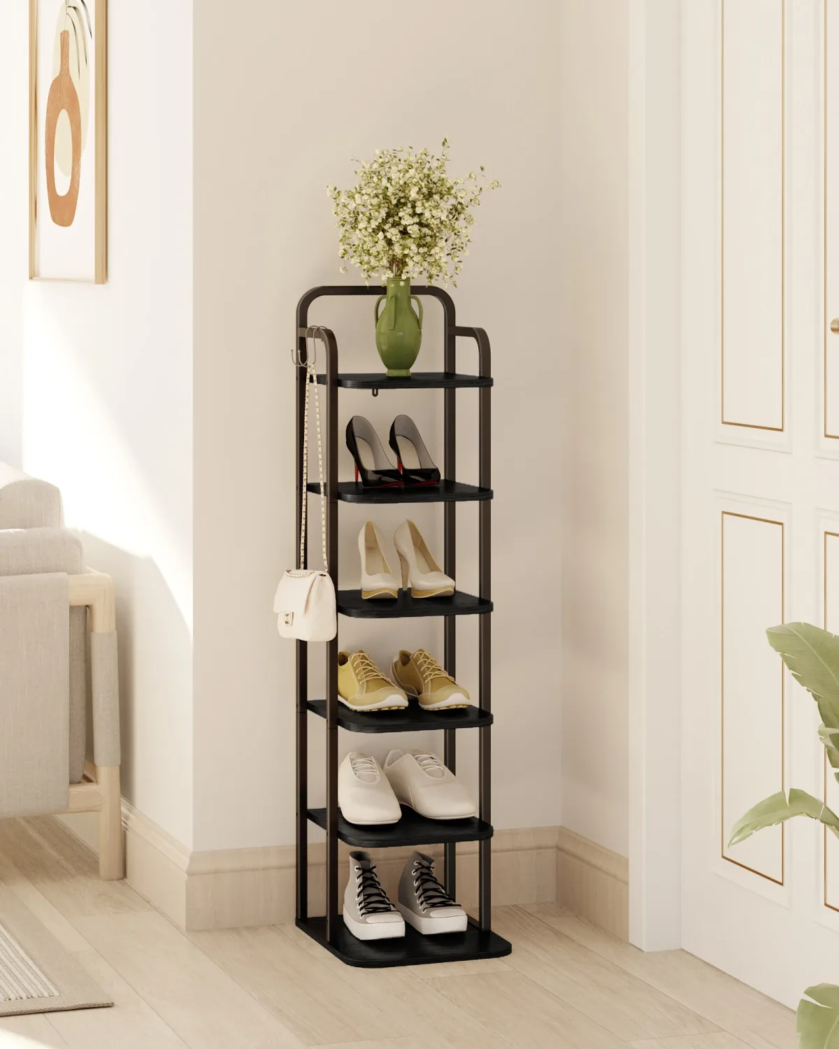 Étagère à chaussures verticale noire à 6 niveaux