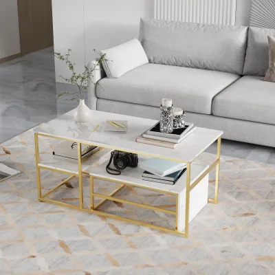 Lot de 2 tables basses aspect marbre, métal
