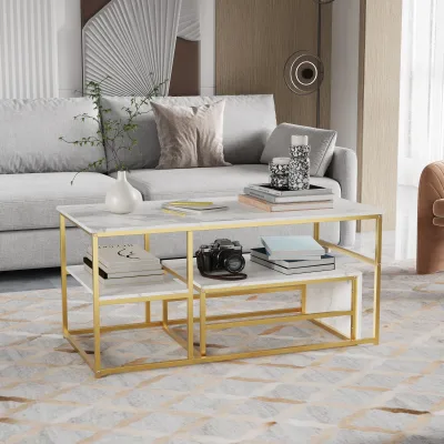 Lot de 2 tables basses aspect marbre, métal – image 2