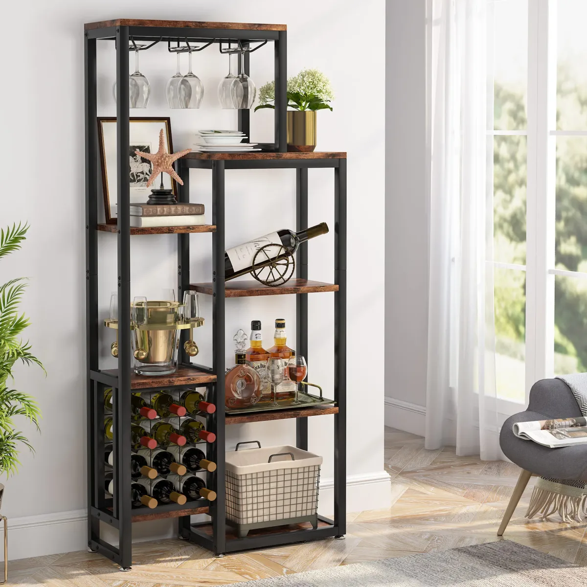 Meuble à vin autoportant 5 niveaux avec porte-verres