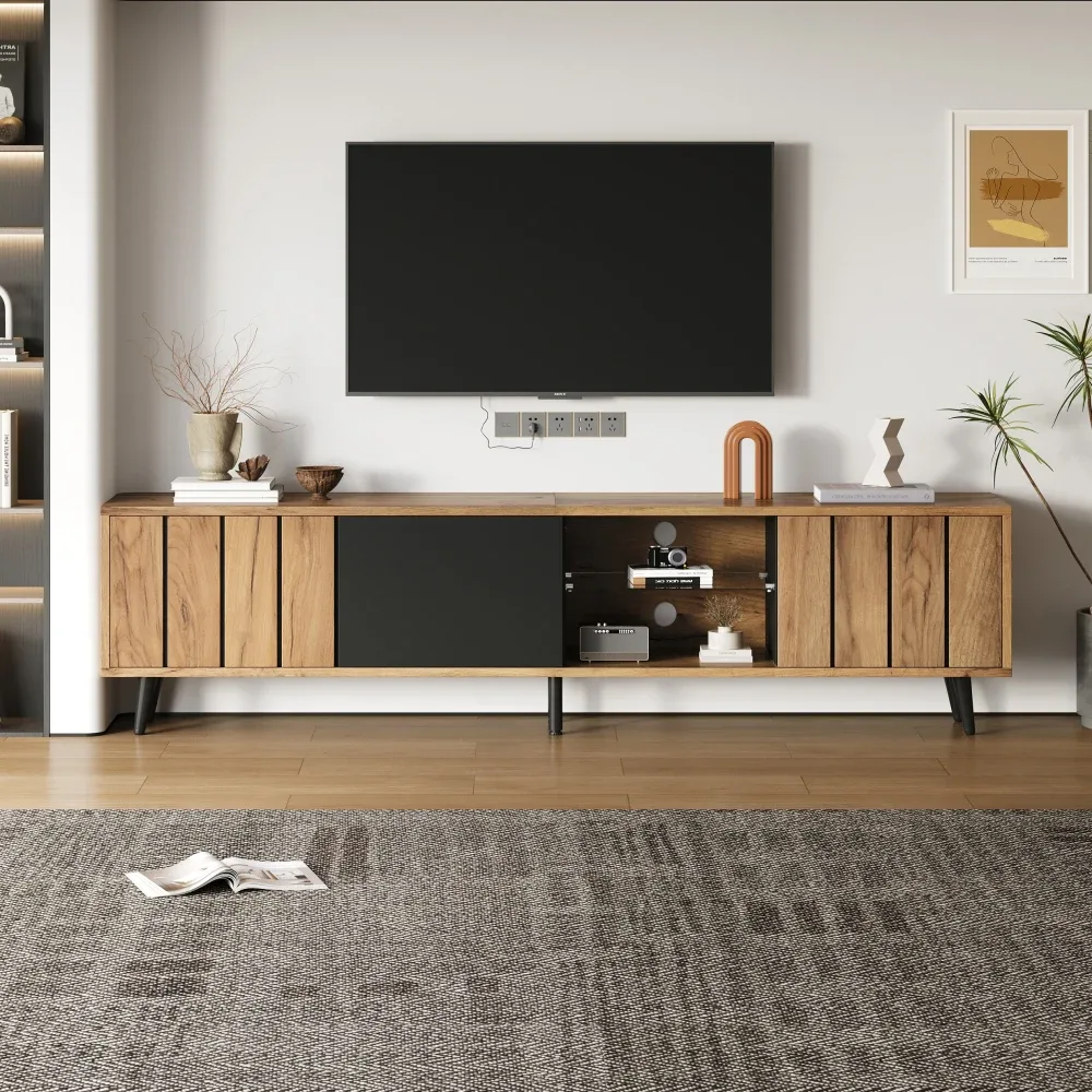 Meuble TV bas bois et noir, 175 cm