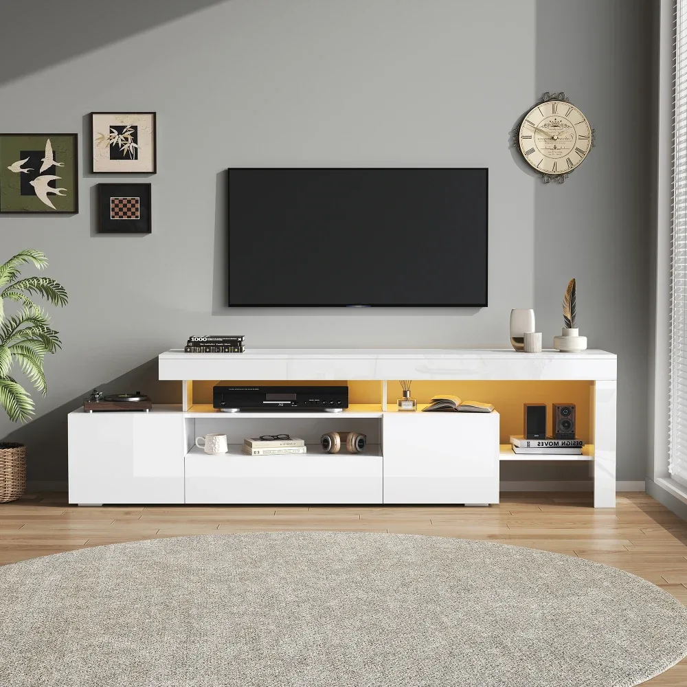 Meuble TV blanc brillant 3 portes avec éclairage LED