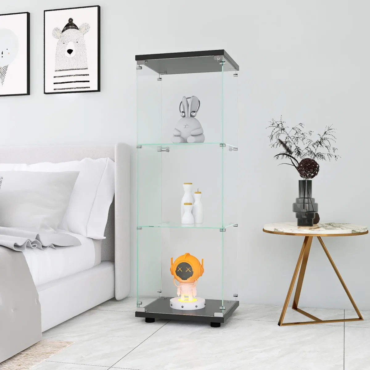 Vitrine sur pied en verre, 3 étagères et 1 porte